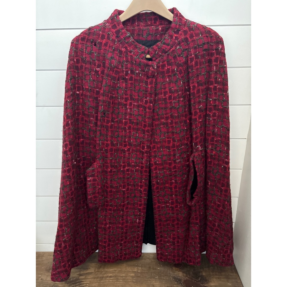 Vintage Womens Wool Red Textured Square Pattern Open Front Cape Jacket wrap coat